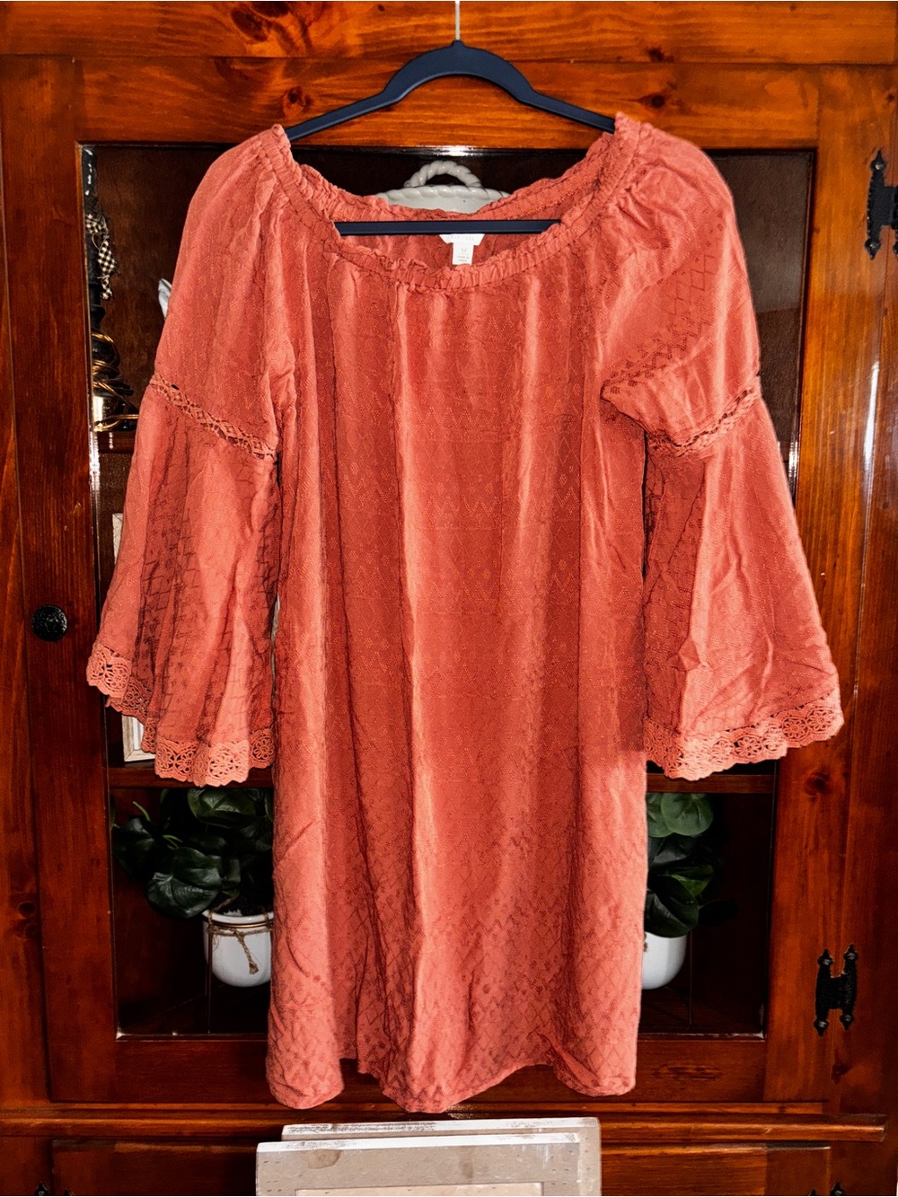 Cato boho Terracotta lace Bell-Sleeve Mini Dress or tunic medium with pockets